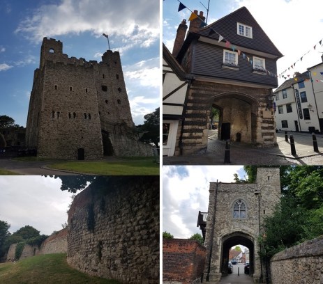 Rochester Castle and remnants of the moat, two city gates